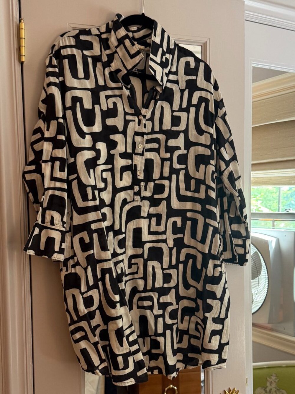 Unbranded Thin Black and White Cotton Collared Tribal Print Dress